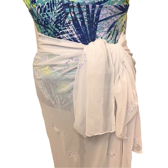 Set of 2: Tropical Palm Print One-Piece Swimsuit & Sea Turtle Chiffon Wrap - Picture 11 of 14